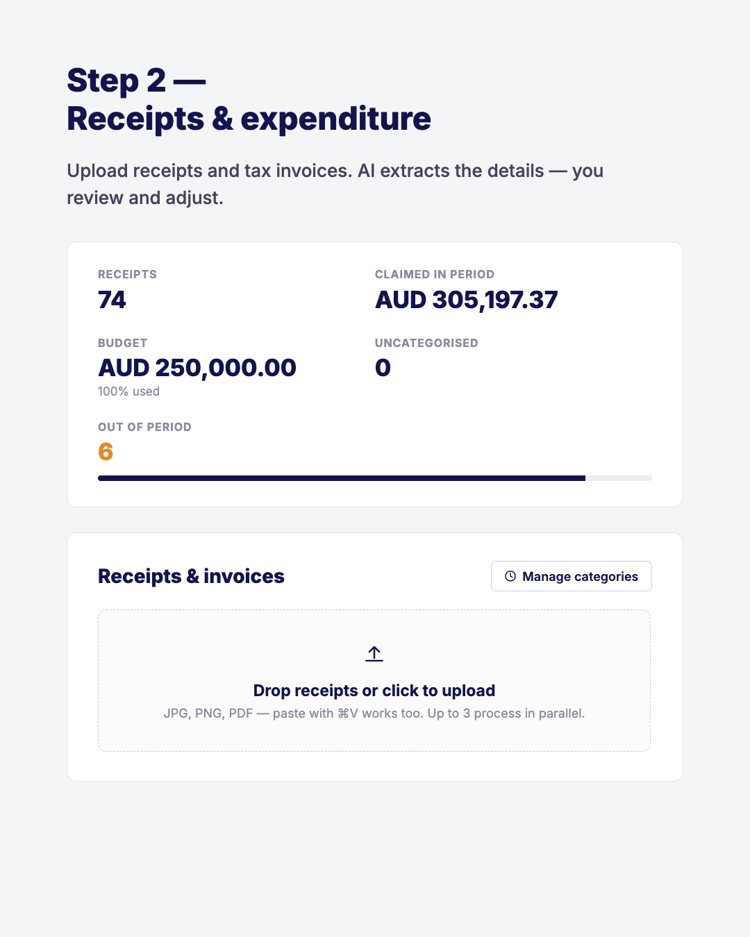 Step 2 — Receipts & expenditure. Upload receipts and tax invoices; AI extracts the details.