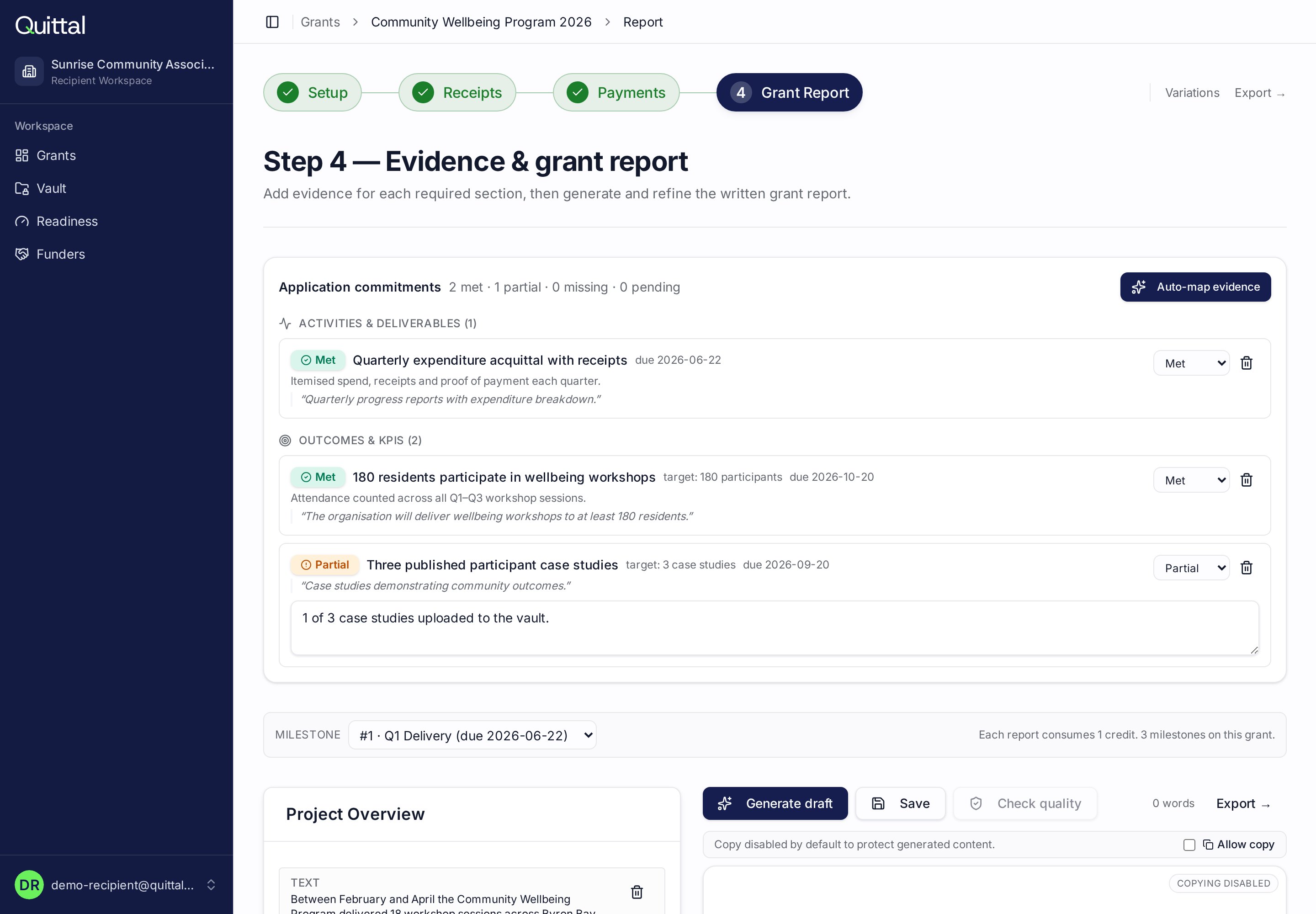Quittal grant report editor showing application commitments and a generated report draft